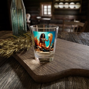 Mystical Depths: African Mermaid Shot Glass Amidst Coral Splendor Shot Glass, 1.5oz