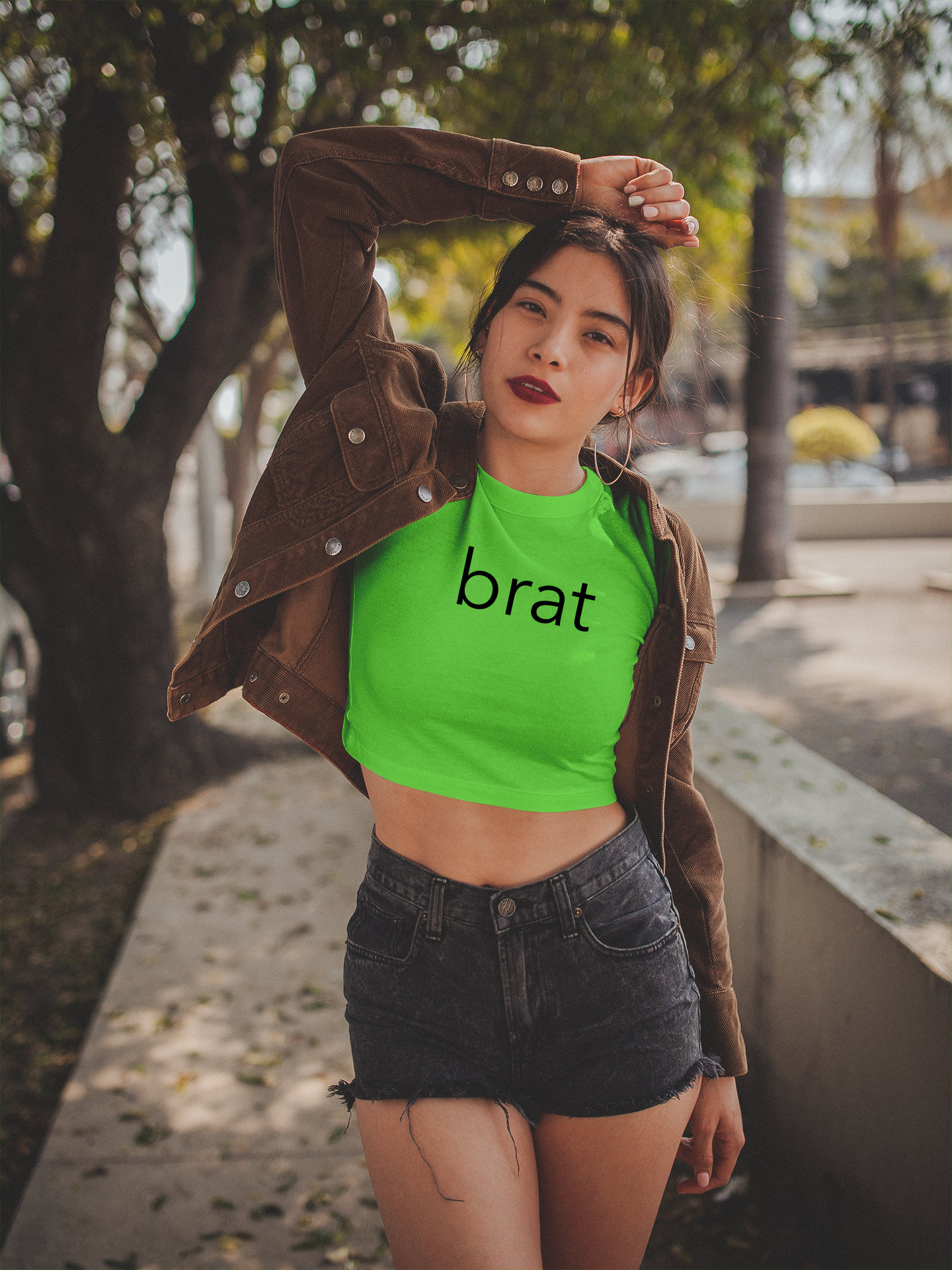 neon green and black crop top