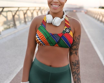 Lioness Pride: Reggiseno sportivo ispirato al tessuto Kente africano, completamente foderato e imbottito (AOP)