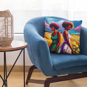 Sisters in Bloom Series 1: Black Women In A Journey Through Wildflower Fields Spun Polyester Square Pillow