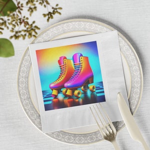 Retro Roller Skates Neon Napkins: Groovy &#39;70s Vibes for Every Celebration! White Coined Napkins