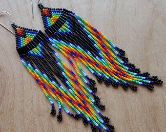 Black Beaded Native Style Shoulder Duster Earrings