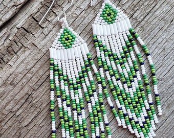 White Green and Blue Beaded Fringe Earrings