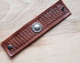 Basket Weave Leather Cuff Bracelet - Flower