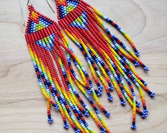 Red Beaded Native Style Shoulder Duster Earrings