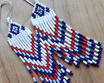 Red White and Blue Beaded Fringe Earrings