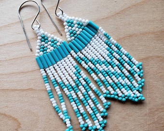 Turquoise White Beaded Native Style Earrings
