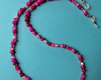 Brillenkette aus pinken fuchsia Achat Edelsteinen und 18K Gold Sonnenbrillenkette Handgemacht Schmuck Accessoires