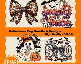 Może przedstawiać: Pakiet cyfrowych plików do pobrania z czterema wzorami o tematyce Halloween. Wzory przedstawiają kokardkę w panterkę, ducha z napisem "Spooky Babe", ducha trzymającego dynię i kubek z kawą oraz ducha z kokardką i napisem "I put the boo in boujee".