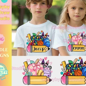 パーソナライズされた名前入りキッズ PNG バンドル: 新学期 Apple Pencil デザイン (即時ダウンロード)