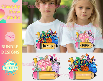 Personalized Name Kids PNG Bundle: Back To School Apple Pencil Design (Instant Download)