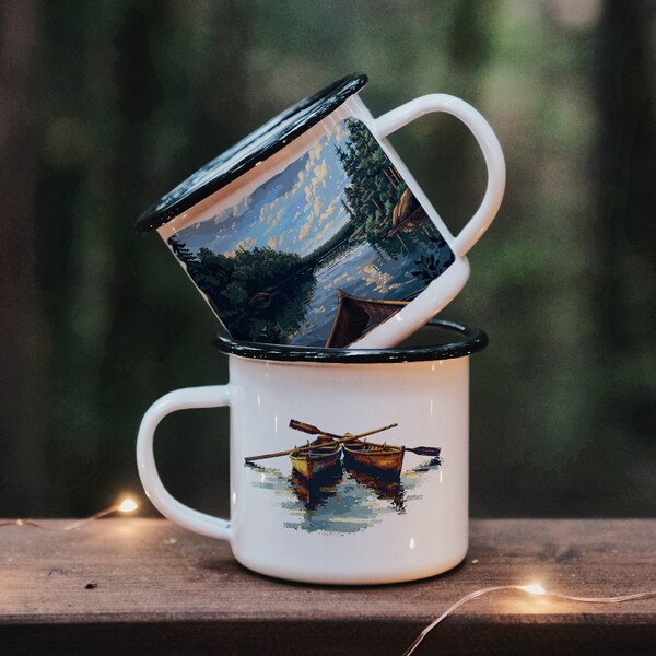 Canoe Waters 2 | 8bit Enamel Camping Mug | Outdoor Mug, Camp Mug Gift, Hiking Mug, Cabincore, Canoe, Dad Gift, Father's Day, Birthday Gift