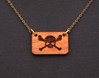 Richard Worley Pirate Necklace - Jolly Roger Necklace - Golden Age of Piracy - Skull and Crossbones - Antique Brass Chain - Padauk Wood