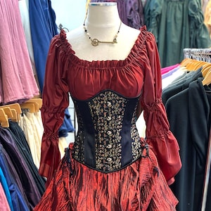Red Bubble Sleeve Chemise in Satin and Cotton - Renaissance Shift - Peasant Blouse - Womens Halloween Costume - Ren Faire Garb - SCA LARP