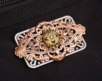 Steampunk broche - gemengde metalen - neo Victoriaanse pin - goud koper zilver filigraan - Halloween kostuum medaille accessoire - Steampunk pin