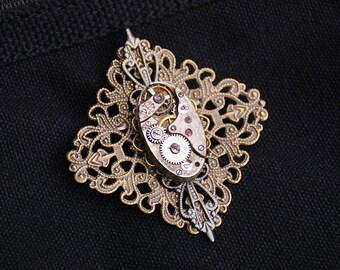 Steampunk Brooch - Mixed Metals - Neo Victorian Pin - Antiqued Gold Silver Filigree - Vintage Watch Gears - Costume Medal Accessory