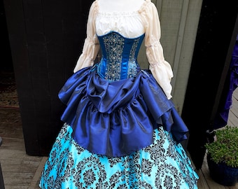 Renaissance Skirt in Robins Egg Blue and Black Flocked Taffeta, Steampunk Costume, Ren Faire Garb, Womens Halloween Costume, Pastel Goth