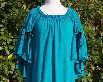 Teal Cotton Gauze Flounced Sleeve Chemise, Renaissance Shift, Off the Shoulder Peasant Blouse, Womens Halloween Costume, Ren Faire Garb LARP