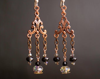 Steampunk Earrings of Copper and Crystal, Black and Crystal Paradise Shine, Sterling Silver Earwires, Victorian Inspired OOAK Jewelry