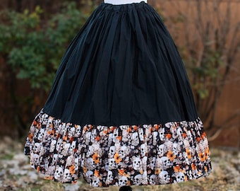 Orange Florals and Skulls Black Cotton Ruffle Underskirt, Cotton Petticoat, Womens Renaissance Clothing, Goth Skirt, Spooky Halloween Skirt