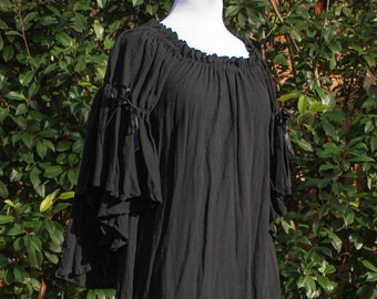 Black Cotton Gauze Chemise with Flounced Sleeves, Renaissance Shift, Peasant Blouse, Womens Halloween Costume, Ren Faire Garb, LARP