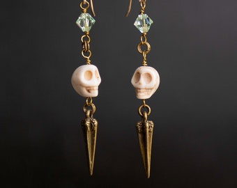 Pirate Skull Earrings in Ivory and Bronze with Chrysolite Green Crystals, Halloween Dangle Earrings, Steampunk Earrings