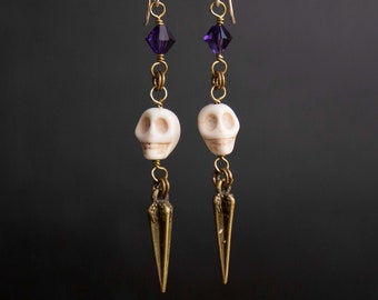 Pirate Skull Earrings in Ivory and Bronze with Purple Velvet Crystals, Halloween Dangle Earrings, Steampunk Earrings