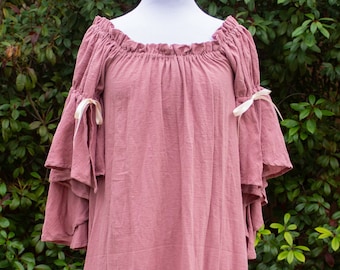 Mauve Pink Cotton Gauze Chemise with Flounced Sleeves, Renaissance Shift, Peasant Blouse, Womens Halloween Costume, Ren Faire Garb, LARP