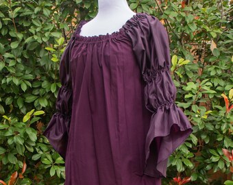 Plum Purple Bubble Sleeve Chemise in Satin and Cotton, Renaissance Shift, Puff Sleeves, Womens Halloween Costume, Ren Faire Garb, LARP