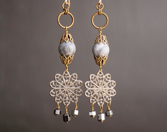 Steampunk Filigree Earrings with Blue Sponge Coral, Hematite, Antiqued Brass and Gunmetal, Vintage Inspired Womens OOAK Jewelry