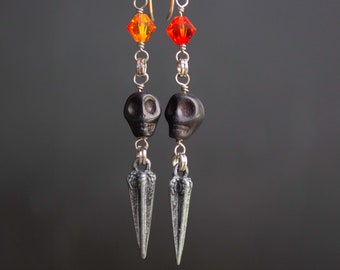 Pirate Skull Earrings in Black and Silver with Fire Opal Orange Crystals, Spooky Halloween Dangle Earrings, Gothic Earrings