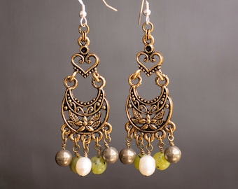 Steampunk Gold Plated Brass Filigree Earrings - Green Canadian Jade, Pyrite, Freshwater Pearls - Victorian Inspired - Womens OOAK Jewelry