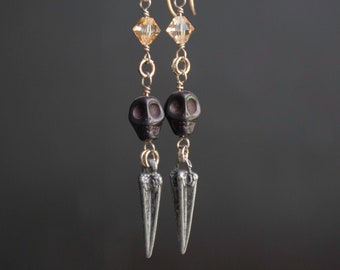 Pirate Skull Earrings in Black and Silver with Gold Shadow Crystals, Spooky Halloween Dangle Earrings, Gothic Earrings