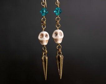 Pirate Skull Earrings in Ivory and Bronze with Indicolite Teal Crystals, Halloween Dangle Earrings, Steampunk Earrings