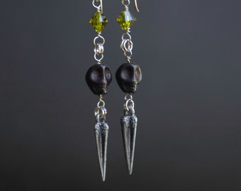 Pirate Skull Earrings in Black and Silver with Olivine Green Crystals, Spooky Halloween Dangle Earrings, Gothic Earrings