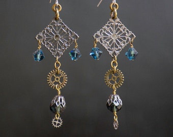 Steampunk Earrings with Mixed Metals Brass and Filigree, Blue Cut Glass Crystals, Vintage Watch Gears, Victorian Inspired OOAK Jewelry