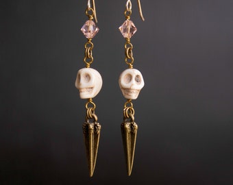 Pirate Skull Earrings in Ivory and Bronze with Vintage Rose Pink Crystals, Halloween Dangle Earrings, Steampunk Earrings