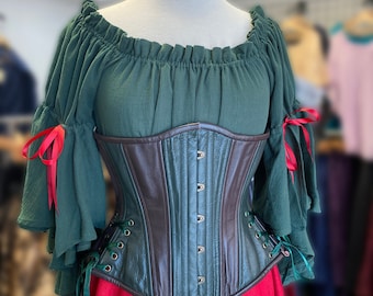 Nuisette en gaze de coton vert chasseur avec manches à volants, chemise droite Renaissance pour femmes, chemisier paysan, costume d'Halloween, tenue Ren Faire, GN