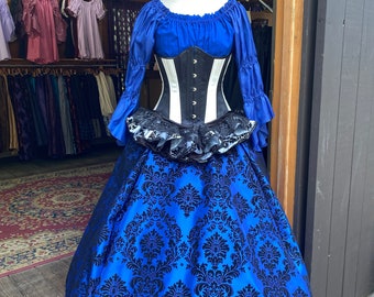 Renaissance Skirt in Blue and Black Flocked Taffeta, Steampunk Costume, Ren Faire Garb, Womens Halloween Costume, Medieval Clothing