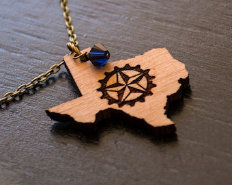 Texas Necklace Steampunk Lone Star Gear in Cherry Wood, Unisex, Blue Crystal with Brass Chain, TX Gift, Lone Star State, Texas Steampunks
