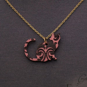 Purpleheart Cat Gothic Necklace - Black Damask - Goth Jewelry - Halloween - Steampunk Necklace - Wood Pendant - Antiqued Brass Chain