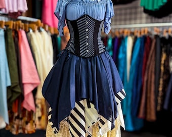 Indigo Blue Linen Pixie Skirt, Renaissance Clothing, Halloween Costume, Pirate Skirt, Ren Faire Garb, Womens Medieval Clothing, Faerie Wear
