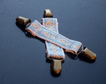 Steampunk Skirt Hikes with Clips in Antiqued Brass, Gold Baby Blue and White Design, Renaissance Costume Accessory, Skirt Chasers