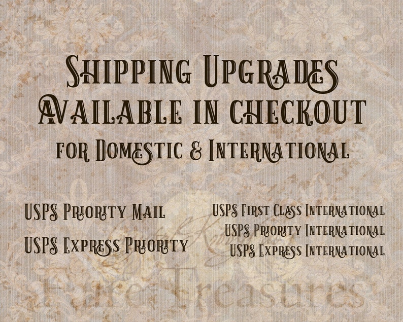 Op de afbeelding: Een vintage-stijl achtergrond met tekst in een decoratief lettertype. De tekst luidt: "VERZENDUPGRADES BESCHIKBAAR IN CHECKOUT VOOR BINNENLAND & INTERNATIONAAL." USPS verzendopties: Priority Mail, Express Priority, First Class International, Priority International en Express International.