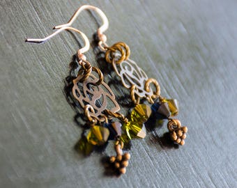 Steampunk Rose Earrings - Green and Blue Crystals - Antiqued Brass Roses - Sterling Silver Earwires - Mixed Metals Jewelry