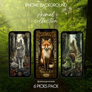 Wald Tiere Smartphone iPhone Wallpaper Hintergrund Kollektion 6xSet Digital Download Fantasy Cottagecore Avalon IOS Android Vintage
