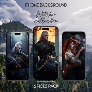The Witcher Smartphone iPhone Wallpaper Background Set 6xSet Digital Download Fantasy Geralt of Rivia Darkness IOS Android Vintage Ciri Yen