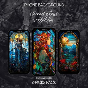 Magische Glasmalerei Smartphone iPhone Wallpaper Hintergrund Kollektion 6xSet Digital Download Fantasy Cottagecore Avalon IOS Android Vintage