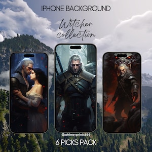 The Witcher Smartphone iPhone Wallpaper Background Set 6xSet Digital Download Fantasy Geralt of Rivia Darkness IOS Android Vintage Ciri Yen