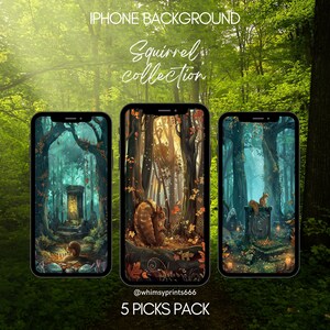 Wald Eichhörnchen niedlich Smartphone iPhone Wallpaper Hintergrund Kollektion 5xSet Digital Download Fantasy Cottagecore IOS Android Vintage